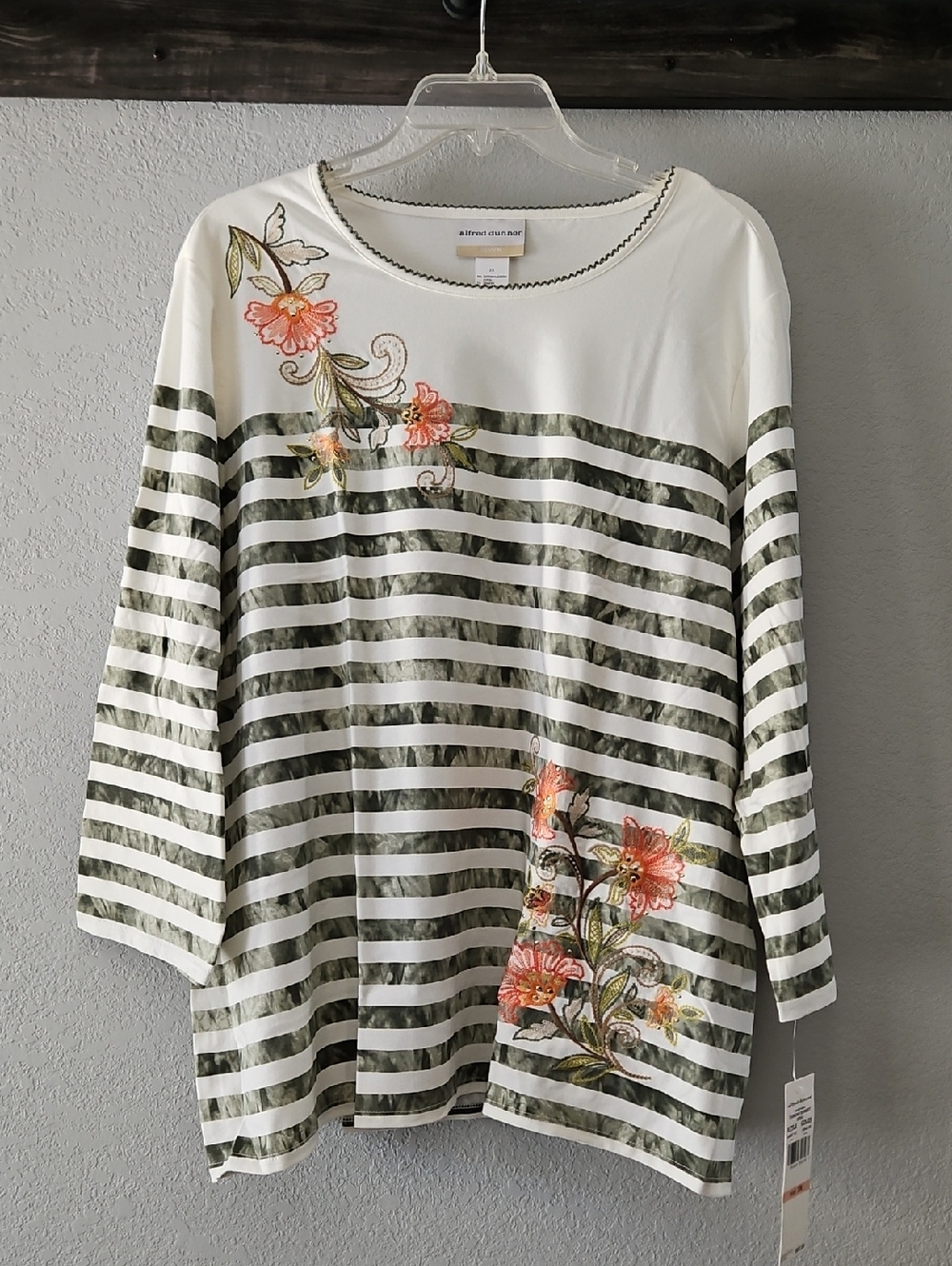 Alfred Dunner Olive & White Striped Top with Coral Floral Embroidery 2X NWT